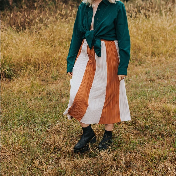 Dresses & Skirts - Burnt Orange Striped Silky Pleated Midi Skirt